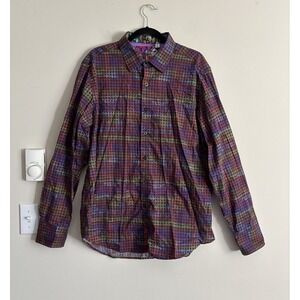 Robert Graham Mens XL Flip Cuff‎ Button Shirt Houndstooth Colorful Greek Purple